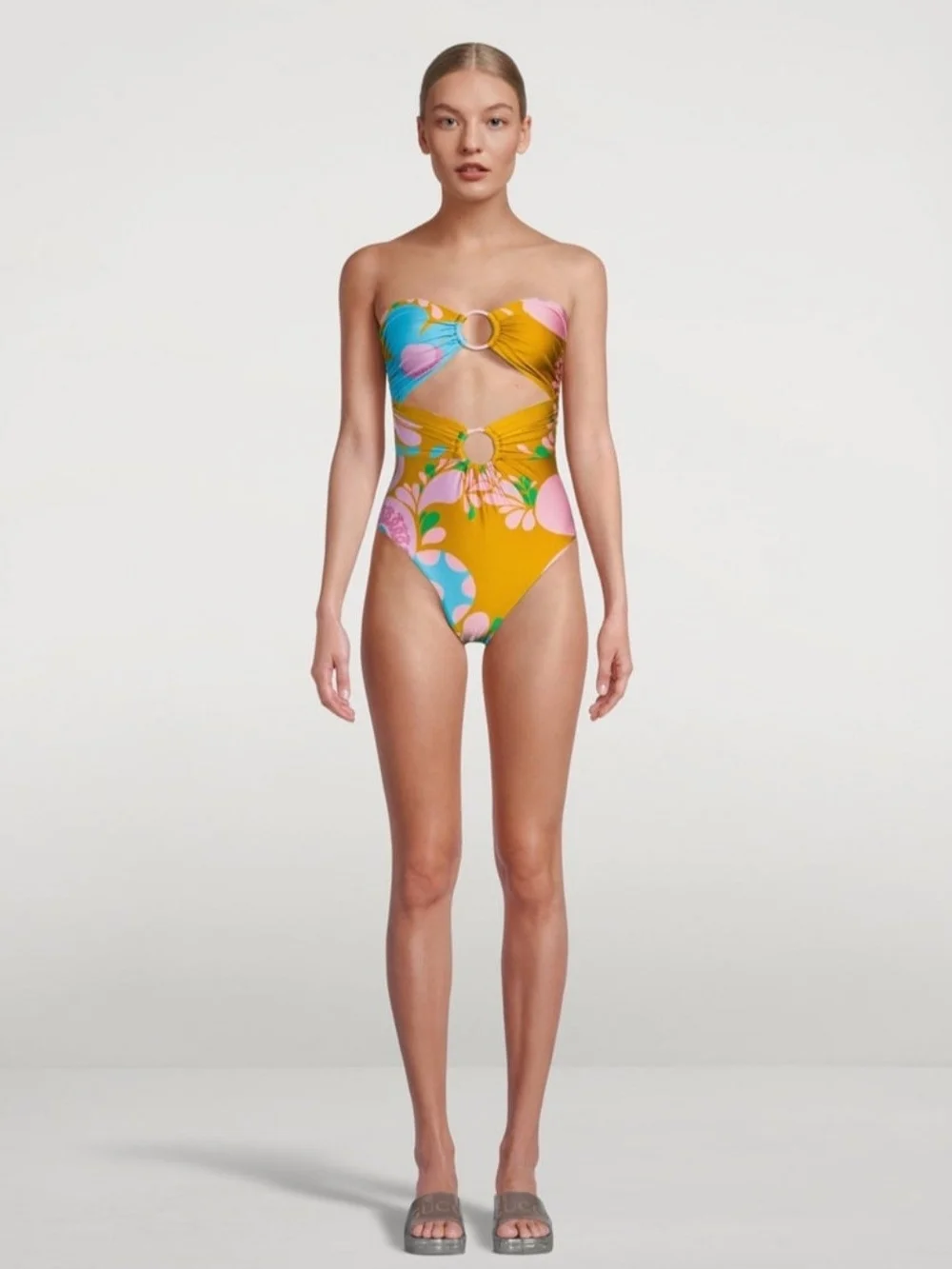 Zimmermann Teddy Double Mustard Floral Cutout One-Piece with Pink & Blue Accents